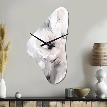 Soft Light Grey Flowers I - Asymmetric Metal Wall Clock